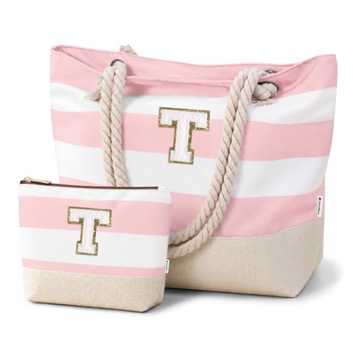 Image of Vavabox Initial Beach Tote Bag for Women, Water-resistant Travel Beach Bag Pool Bag Set, Birthday Gifts for Women Mom