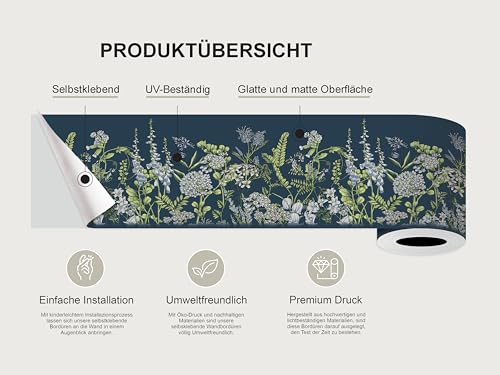 AG Design Selbstklebende Bordüre Wickenblüten auf Preußisch Blau, AWB 8526 | Wasserfest Dekoration für Wände, Möbel, Tapeten, Wandverkleidungen und Türen, Folie | Breite 500 cm x Höhe 13.8 cm