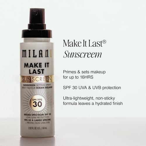 Image of Milani Sunscreen Setting Spray + Primer, Make It Last Sunscreen for Face- SPF 30 UVA & UVB Protection Antioxidant Rich Formula for Broad Spectrum Protection, Prime + Set + Protect, 2.02Fl. Oz