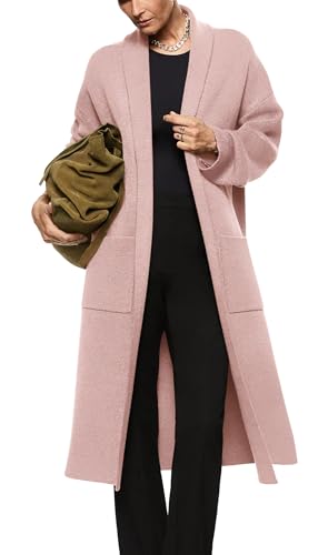 Image of Womens Long Sleeve Maxi Cardigan Open Front Oversized Knitted Sweater Coat Casual Lapel Warm Overcoat with Pockets