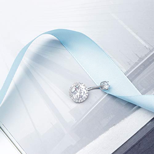 Sllaiss CZ Halo Belly Button Rings for Women 925 Sterling Silver 14G Belly Rings Round Cubic Zirconia Body Jewelry Curved Barbells Navel Rings 3/8" 10mm4