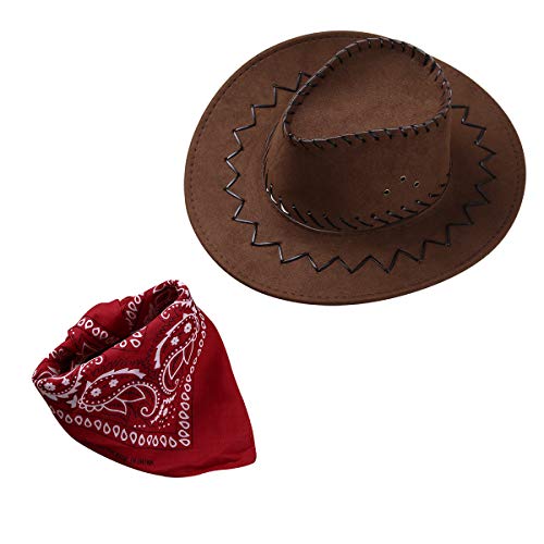 winying Fille Garcon Accessoires Cordelette Echarpe Hip-Hop Danse Enfants Cowboy Cap Chapeaux avec Bandana Deguisement Carnaval Fantaisie Cosplay Halloween Rouge Café One Size Cover
