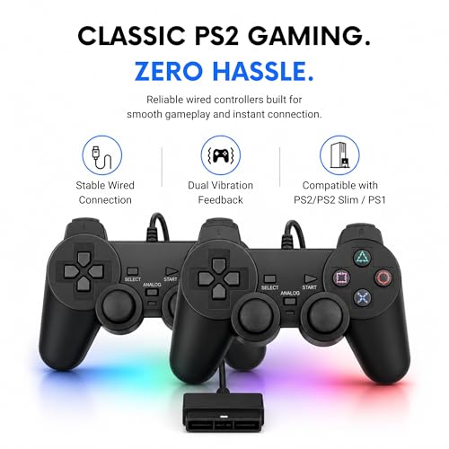 Image of Hopevry Wired PS2 Controller | 2 Pack Compatible with Sony PS2 /PS2 Slim /PS1 | PlayStation 2 Controller with Dual Vibration, Plug and Play, Ergonomic grip for extended gaming