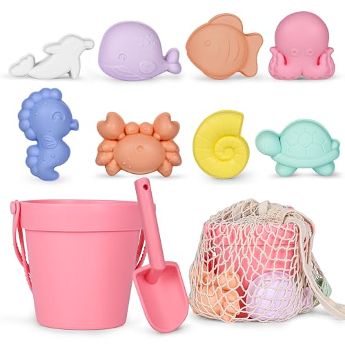 Image of MarcZero 11Pcs Silicone Beach Toys,Modern Baby Beach Toys,Travel Friendly Beach Set,Eco Friendly Toy,Silicone Bucket, Shovel, 8 Sand Molds, Beach Bag,Silicone Sand Toys for Toddlers, Kids (Peach Pink)
