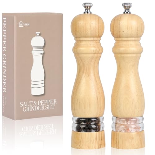 JEPSEN Salt and Pepper Grinder Set 8-Inch, Wooden Pepper Mill & Salt Grinder with Adjustable Ceramic Core - 2-Piece Salt and Pepper Grinders(Natural Wood Color)