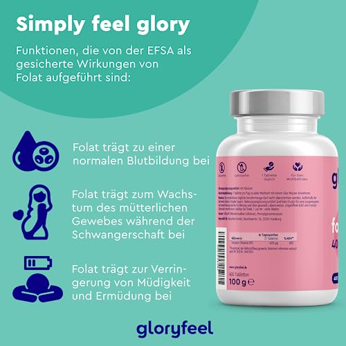 Folsäure - 400 Tabletten (13 Monate) - 400µg reine Folsäure pro Tablette - SCHWANGERSCHAFT & IMMUNSYSTEM* - 100% vegan, laborgeprüft und ohne Zusätze in Deutschland hergestellt