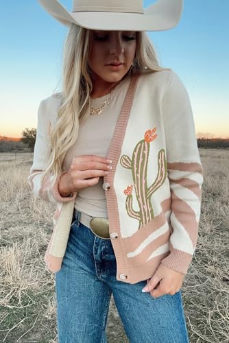 Urchics Womens Sweater Apricot Desert Cactus Buttoned Front Cardigan3