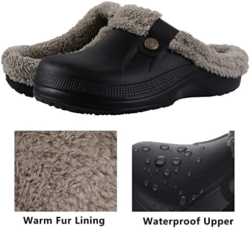 shevalues Fur Lined Clogs for Women Men Winter Waterproof Outdoor Slippers Garden Shoes, Black and Khaki Women Size 4-5 | Image 2