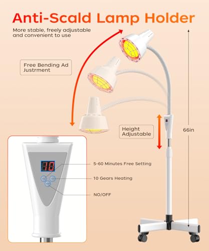 Image of LHCYLDQ 275W Infrared Light Therapy Lamp - Red Near Infrared Heat Lamp for Joint Muscle Pain, Adjustable Standing Lamp Head with Freely Adjustable Temperatur(White)
