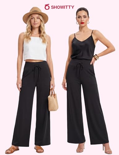 Image of Showitty 1 /3 Pack Women's Wide Leg Pants with Pockets, Casual Loose Pajama Palazzo Trousers Sweatpants for Yoga Lounge
