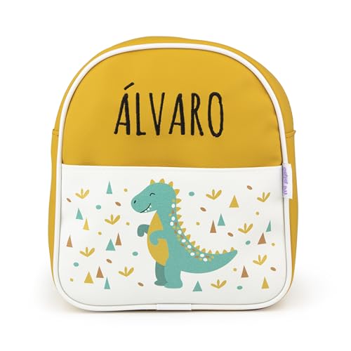 Mi Pipo - Mochila Bebe Guarderia Personalizada Dinosaurio Mostaza | Mochila Polipiel con Nombre Bordado Personalizado | Mochilas Infantiles con Asas regulables | Fácil Limpieza y Diseño Exclusivo