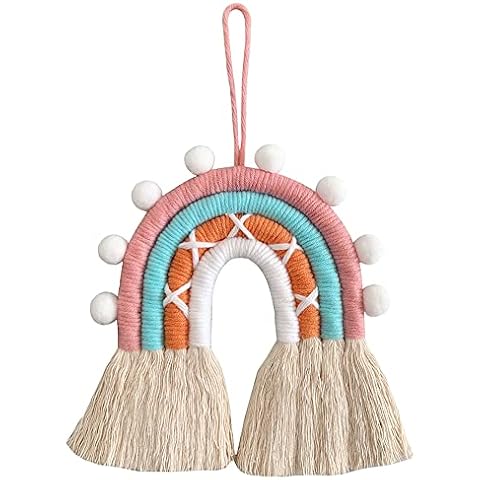 Abnilxt Rainbow Wall Hanging,Rainbow Wall Art,Woven Macrame Rainbow Wall Hanging,Handmade Rainbow Wall Decor for Nursery Kids Room Home Decor (Pink-White Pom Pom Trim,10.6x7.5 in) Cover