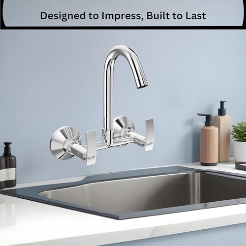 Image of Gloxy Premium Brass 2 in 1 Wall Mounted Sink Mixer with 360 Swivel Spout - Delight Lever Kitchen Sink Mixer With Chrome Finish - Hot & Cold Water Mixer for Bathroom & Kitchen Sink - 10 Years Warranty