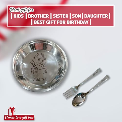 Image of SAVRI Personalized Stainless Steel Round Shape Serving Plate with Name & Favourite Character Engraved | Maggie, Kids, Snacks, Breakfast Plate | for Birthday, Return Gifts.