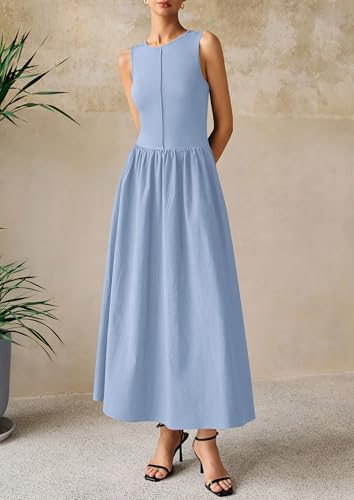 Image of PRETTYGARDEN Maxi Dresses for Women 2026 Summer Casual Sleeveless Patchwork Flowy Vacation Sundress Knit Long Work Tank Dress