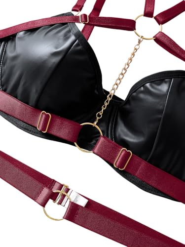 Image of Lilosy Sexy Pu Leather Strappy Underwire Garter Belt Lingerie Set