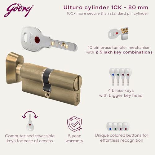 Image of Godrej Europrofile Ulturo XL+ for Main Doors & interconnecting Doors | 1CK 80mm | Antique Brass Finish | Door Thickness Upto 50mm | 4 Keys | 5 Years Warranty