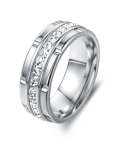 Image of 8mm Mens Gold Wedding Band with Cubic Zirconia Silver Eternity Ring CZ Inlaid 18K Gold Plated Stainless Steel Rings for Men, Rings Size 5-12