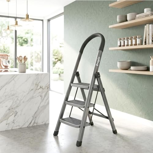 Image of Dropin Premium Steel 3 Step Foldable Ladder for Home Use with Built-in Tool Tray,Climb Easy Anti-SliWide Rubber Secure Lock 150Kg Capacity,Heavy Duty D Shape Rods - 20 x 30 cm Large Platform