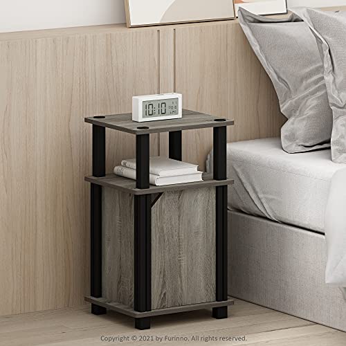 Image of Furinno Brahms 3-Tier End Side Sofa Table /Nighstand with Door, 2-Pack, French Oak /Black