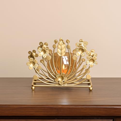 Image of MARKET 99 Metal+Glass Single Votive T-Light Holder Leaf Shape | Decorative Candle Holder for Christmas, Diwali, Birthday & Wedding | Elegant Home Decor Accent for Festive & Ambient Lighting - Golden