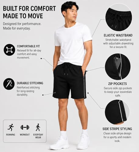 Image of Shorts Pant for Men |Cotton Hosiery Regular Fit Half Pant for Man with 2 Side Zip Pockets | Solid Side Stripe Design, Black, Navy, Dark Grey, M-4XL, Men's Shorts | Knee Length
