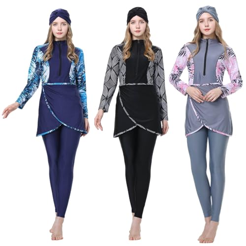 Dasongff - Bañador de manga larga para mujer, diseño de Burkini modesto, con gorro de baño, con tapa completa de dos piezas, mitad oriental árabe islámico, Negro , XXXL