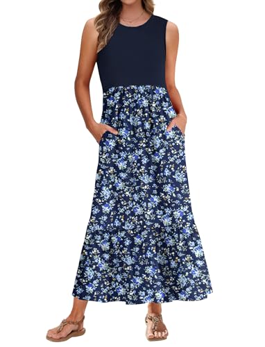 PLMOKEN Sommerkleider Damen Strandkleid Maxikleid - Lang Freizeitkleid Ärmellos leicht und luftig Leicht und Luftig Rund...