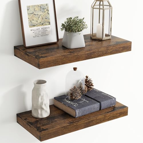 Image of 20 Inch Floating Shelves for Wall, 8 Inch Deep Floating Shelf for Storage & Display, Wall Mounted Shelf with Invisible Brackets for Living Room, Kitchen, Bathroom, Home Decor, Set of 2, Rustic Brown
