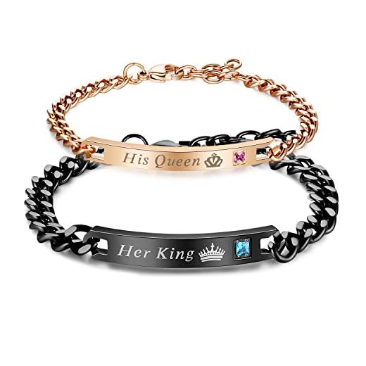 San Valentin Un par de Mujer Hombre Pareja Pulseras Tanque Plata, Acero Inoxidable Pulsera con circonitas y Grabado His Queen Her King