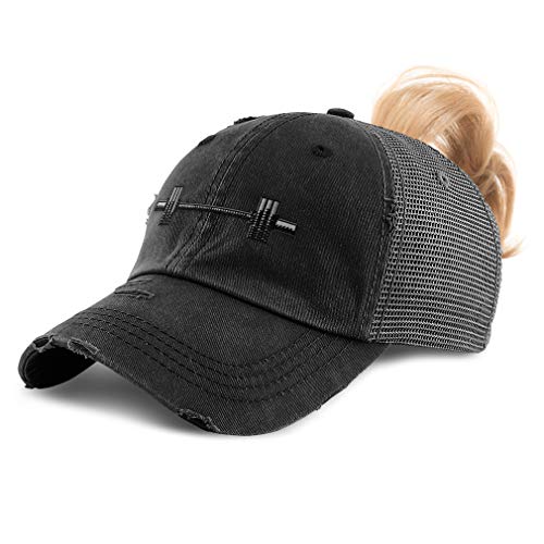Speedy Pros Womens Ponytail Cap Barbell Weightlifting Embroidery Cotton Messy Bun Distressed Trucker Hats Strap Closure Black Design Only