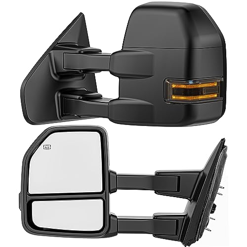 Image of Smoked Power Heated Tow Mirrors Compatible with 2004-2014 Ford F150 F-150 Pickup Truck, Extended Trailer Towing Side Mirrors with LED Puddle Light