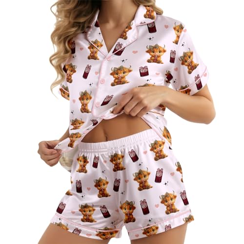Image of Women 2PCs Satin Pajama Set Short Sleeve Silk Feel Gift Sleepwear | Soft stretch satin; relaxed comfort fit sizes S-3XL for sleep & lounge; short sleeve top, elastic waist shorts; easy care