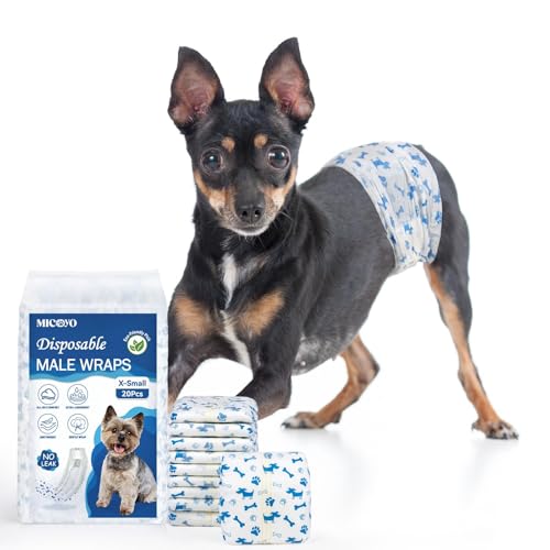 Image of MICOOYO Dog Diapers Male Disposable Super Absorbent Male Dog Wraps Lighter Dogs Diaper Leakproof Puppy Diaper Doggie Diapers with Wetness Indicator (XS, 20Counts)