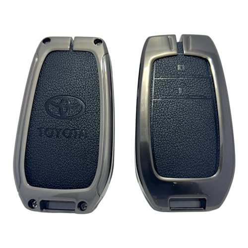 Image of Zinc Metal Alloy Leather Car Key Cover & Case Black with Keychain & Holder fit for Toyota Fortuner, Legender, Innova Crysta, HyCross, Land Cruiser, Hilux (2 BT Push Smart)