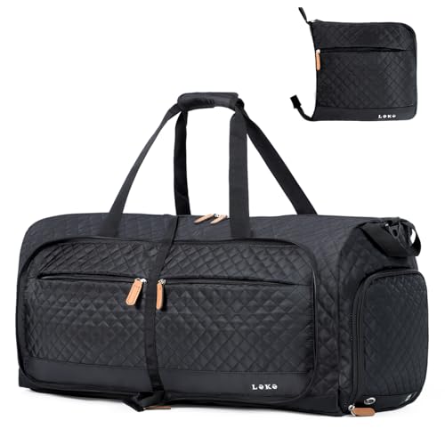 Image of Lekesky Foldable Travel Duffel Bag for Women, 80L Large Duffle Bag with Separate Shoes Compartments & Straps, Carry On Weekend Bag for Women, Hospital, Overnight(Black Quilted)