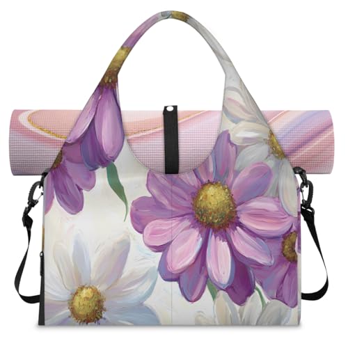 Yoga Bag for Women，Waterproof Polyester Gym Bag Detachable Strap,Shoe Pocket，Double Zipper,White and Purple Flowers Duffel Bags
