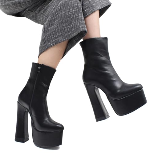 High Heels 15cm Short Boots Black Chunky Heel Zip2