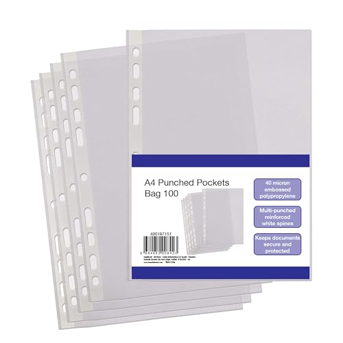 A4 Punched Pockets, 100 Clear Plastic Sleeves, Reinforced Multi-Punched Spine, 40 Microns for Durable Filing, Suitable for Ring Binders