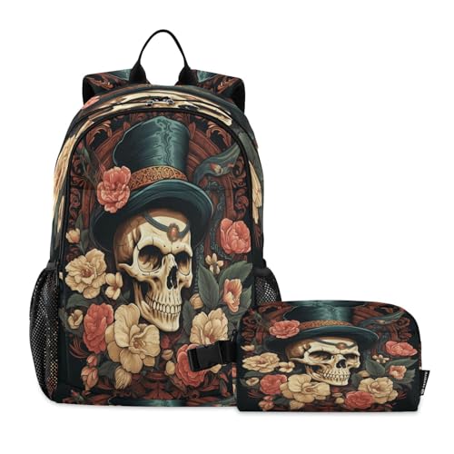 Sac d'école léger avec motif fleurs et crâne pour le collège