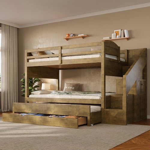 KLMM Twin XL Bunk Bed with Trundle and Three Storage Space, Storage Staircase,for Kids Teens Adults Use (Walnut-TX, Twin XL)