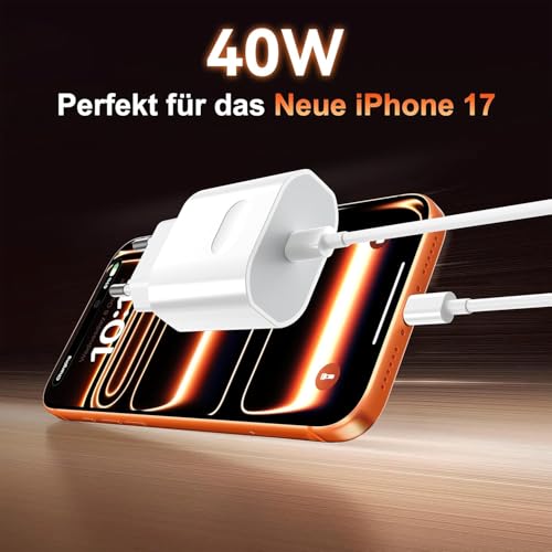 2Pack 40W Schnellladegerät USB C Ladekabel für iPhone 17/17 Pro/17 Pro Max/16/16e/15 Pro Max, iPad A16/Pro/Air, USB C Ladegerät Adapter Stecker Ladestecker PD Netzteil mit Schnellladekabel(1m+2m)