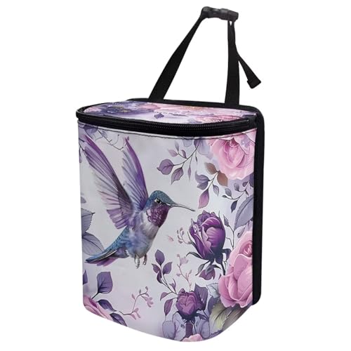 Image of Talayituse Hummingbird Rose Flower Print Car Trash Can with Adjustable Straps, Car Trash Bag Bin Car Garbage Bag Multipurpose Storage Box for Vehicle Travel Camping Picnicing