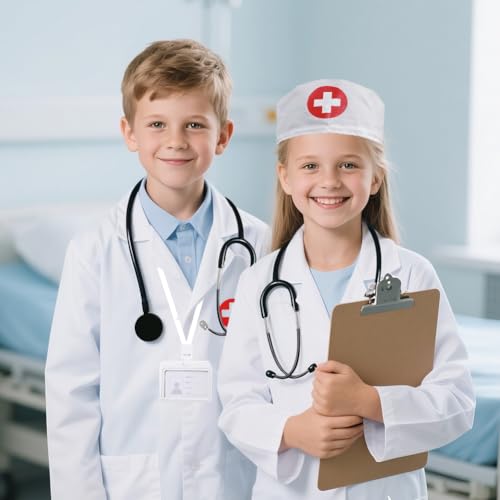 Kostium lekarza dla dzieci, 4 opakowania dla dzieci, zestaw lekarza biały płaszcz laboratoryjny z kapeluszem stetoskopowy uchwyt na kartę roboczą akcesoria medyczne zestaw do zabawy dla chłopców