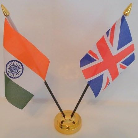 India Indian Union Jack 2 Flag Friendship Table Display With Gold Base