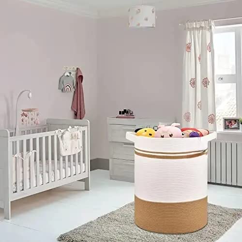 Image of Laundry Basket For Storage, High Storage Basket, Laundry Hamper With Handles, 15X 17, Cotton Rope Storage Hamper, Woven Laundry Baskat, Toy,Clothes And Woven Basket (Beige)