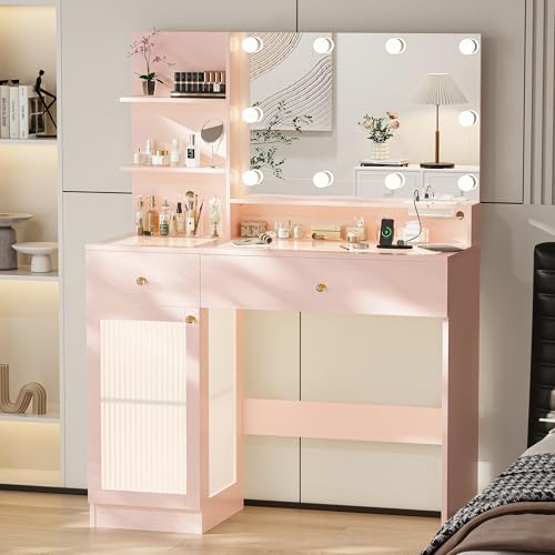 INNOD 40" Vanity Desk with Large Mirror and Lights, Modern