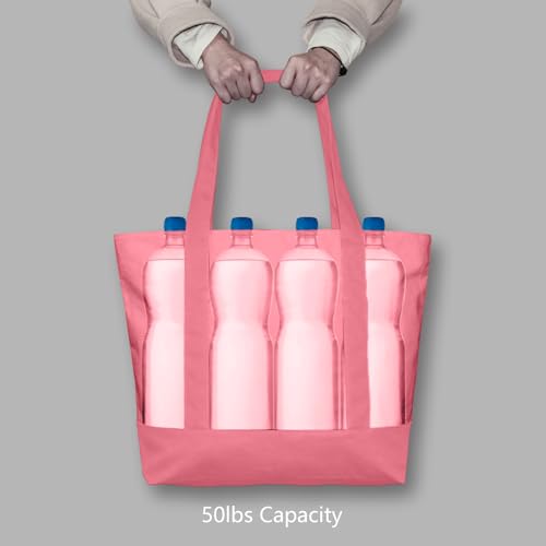 Image of TOPDesign 1-Pack Canvas Tote Bag with an External Pocket, Reusable Grocery Shopping Bag, Top Zipper Closure, Daily Essentials (Rose Pink)