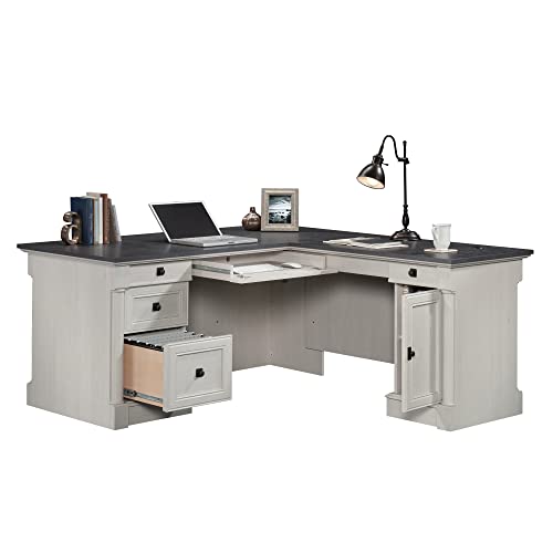 Image of Sauder Palladia L Shaped Desk with Drawers, Office Desk with File Cabinet Storage, Cable Management, Keyboard Tray, in Glacier Oak Finish
