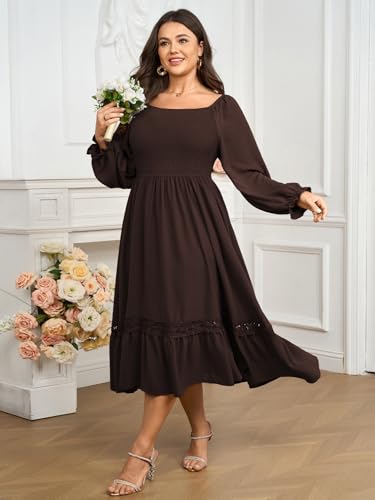 SCOMCHIC Women's Plus Size Wedding Guest Formal Dresses Fall Long Sleeve Square Neck Smocked Flowy Lace Trim Maxi Dress3